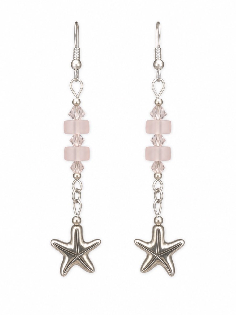Antique Silver Starfish Drop Earrings with Soft Pink Crystal and Glass Beads